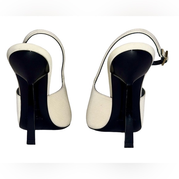 SAINT LAURENT INES SLINGBACK PUMPS IN WHITE SATIN AND BLACK LEATHER - Picture 5 of 7